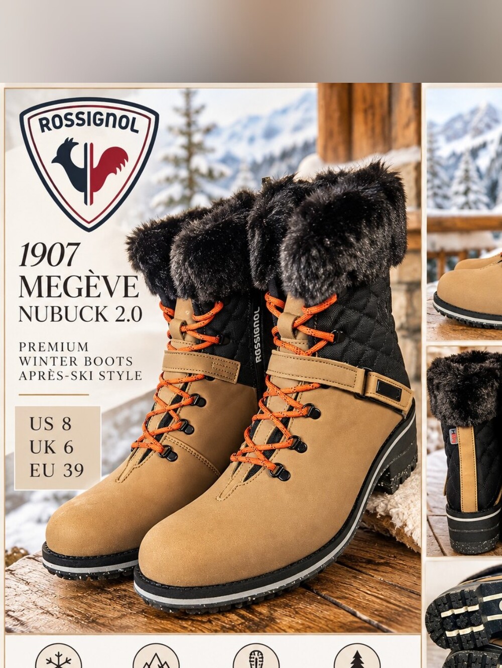 Rossignol 1907 Megève Nubuck 2.0 Fur Trim Winter Boots US 8 NIB